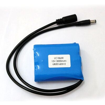 33.3Wh 12V 3Ah 18650 Lithium Ion Battery Pack with Separate DC Male Female Charge Discharge Cable for LED Light Strip,  MSDS China Manufacturing Factory
