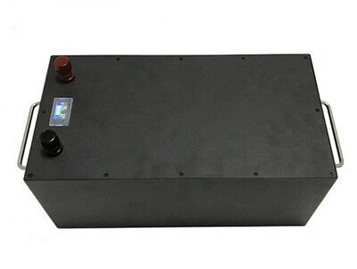 48V 100Ah Black Metal Enclosure LiFePO4 Lithium Iron Phosphate Battery Pack, Dual Copper Terminal Studs LCD Voltage Capacity Display, Side Foldable Handle Built-in BMS Deep Cycle Battery